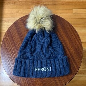 Navy Blue Knit Beanie with Faux Fur Pom